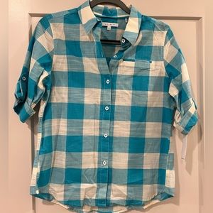 Foxcroft Checkered Turquoise Button Up Shirt, New with Tags